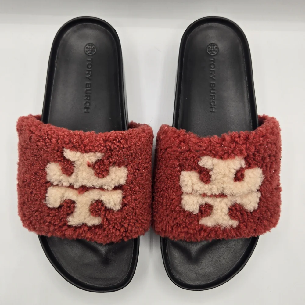 Tory Burch Double T Shearling Flatform Slide Sandals in a vibrant red and cream